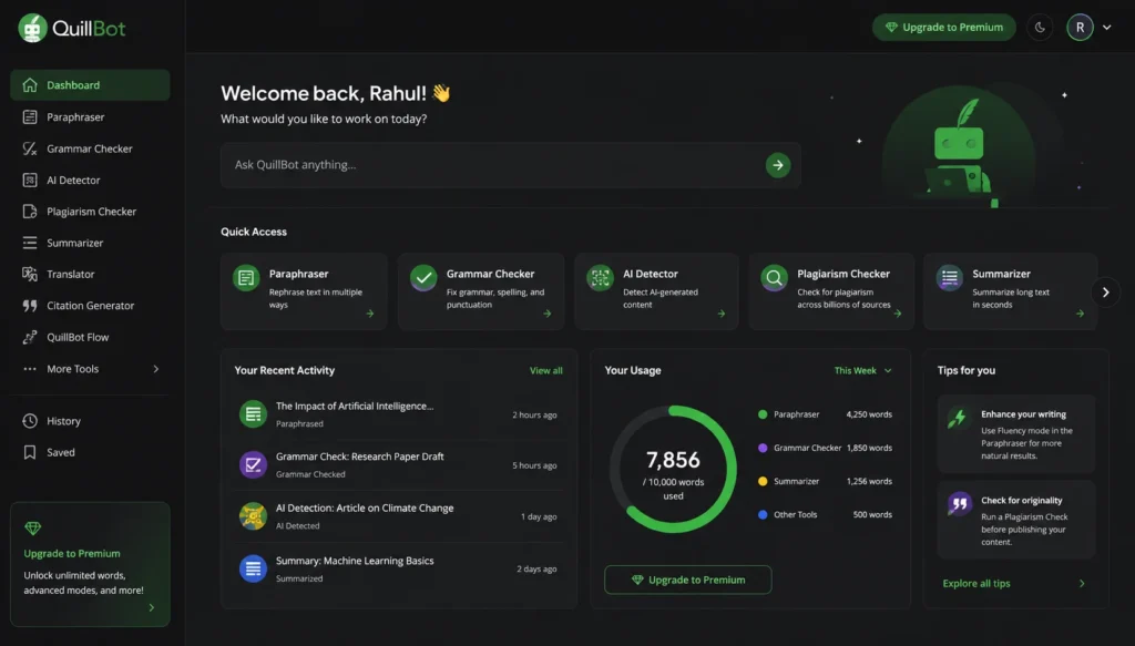 QuillBot dashboard