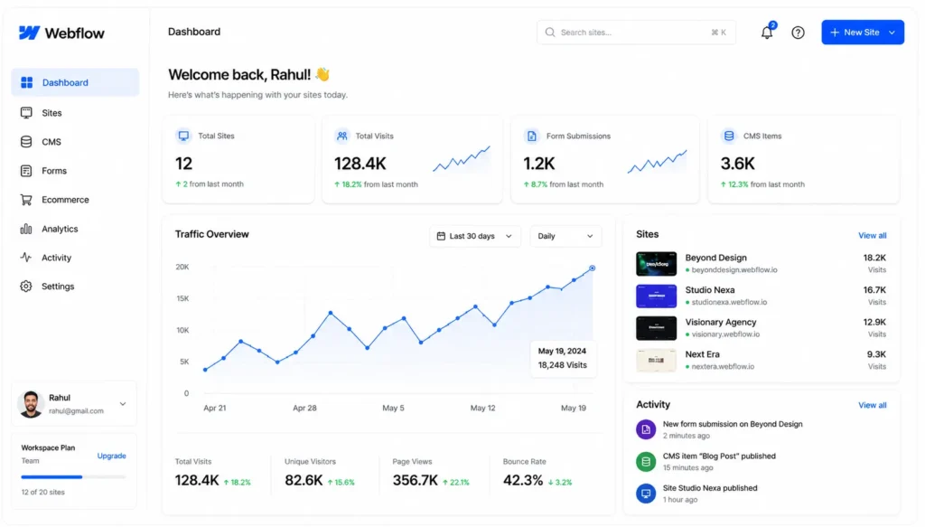 Webflow dashboard