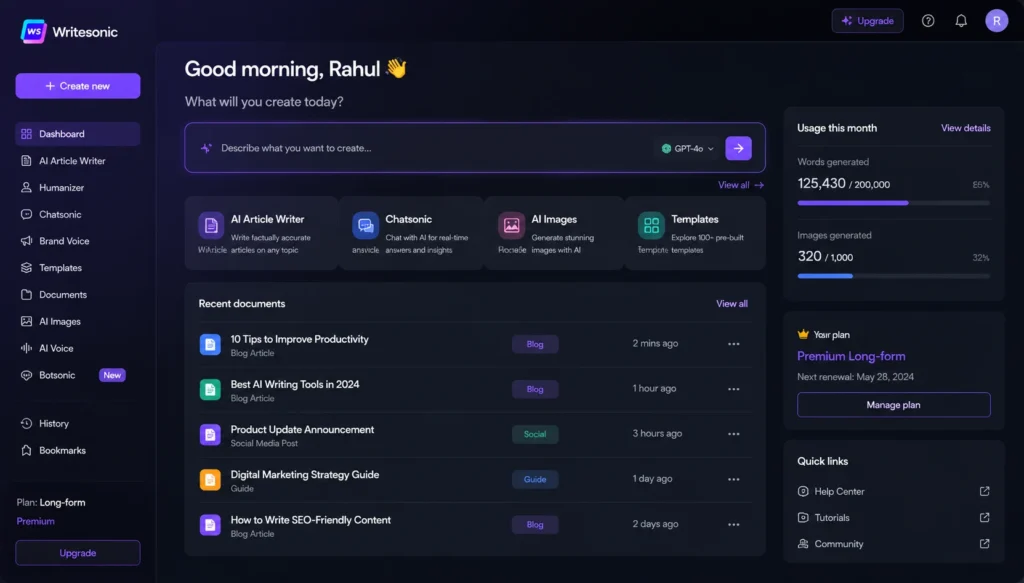 Writesonic  dashboard